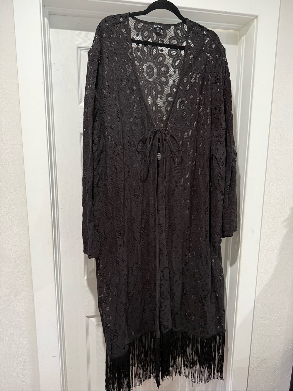 Boho Lace Fringe Open-Front duster cardigan